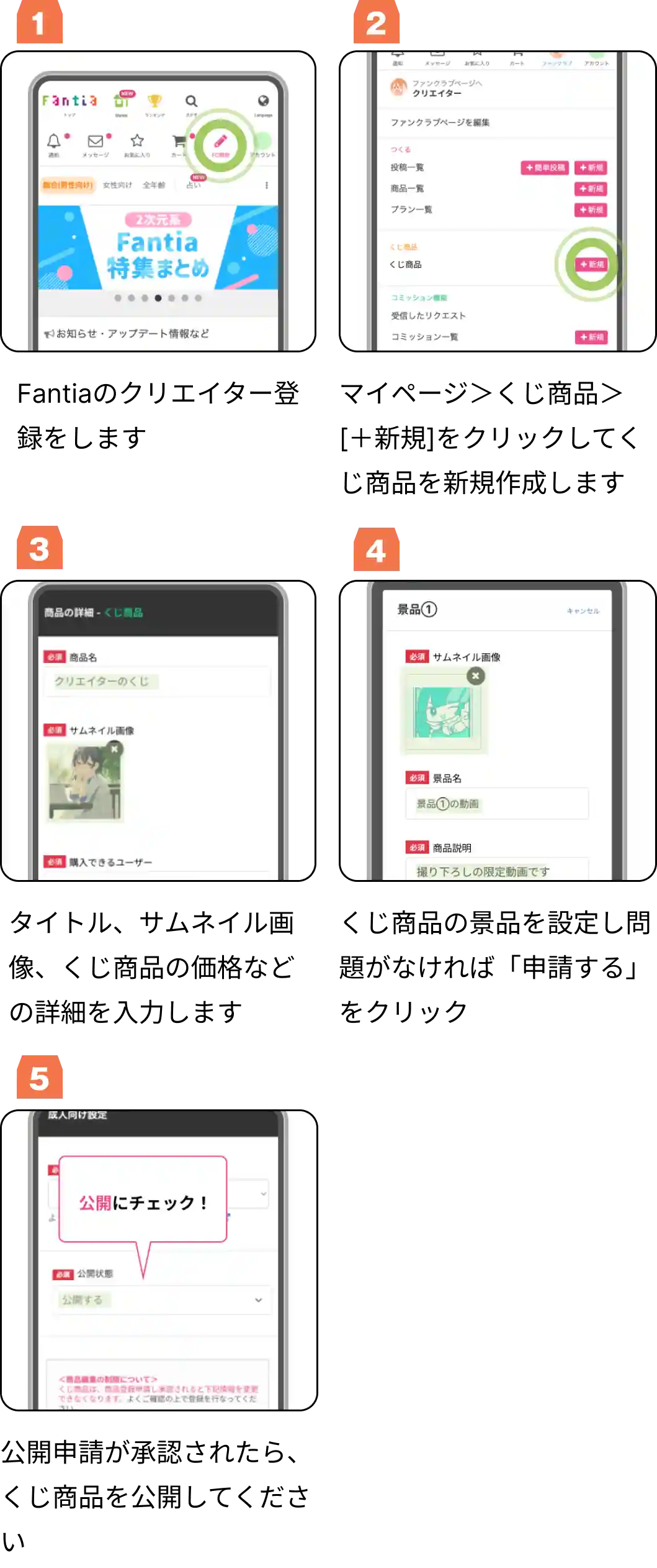 [1] Fantiaのクリエイター登録をします。[2] マイページ＞くじ商品＞[＋新規]をクリックしてくじ商品を新規作成します。[3] タイトル、サムネイル画像、くじの価格などの詳細を入力します。[4] くじ商品の景品を設定します。[5] プレビュー画面で再度内容を確認してください。問題がなければ[申請する]をクリックします。[6] 公開申請が承認されたら、くじ商品を公開してください。