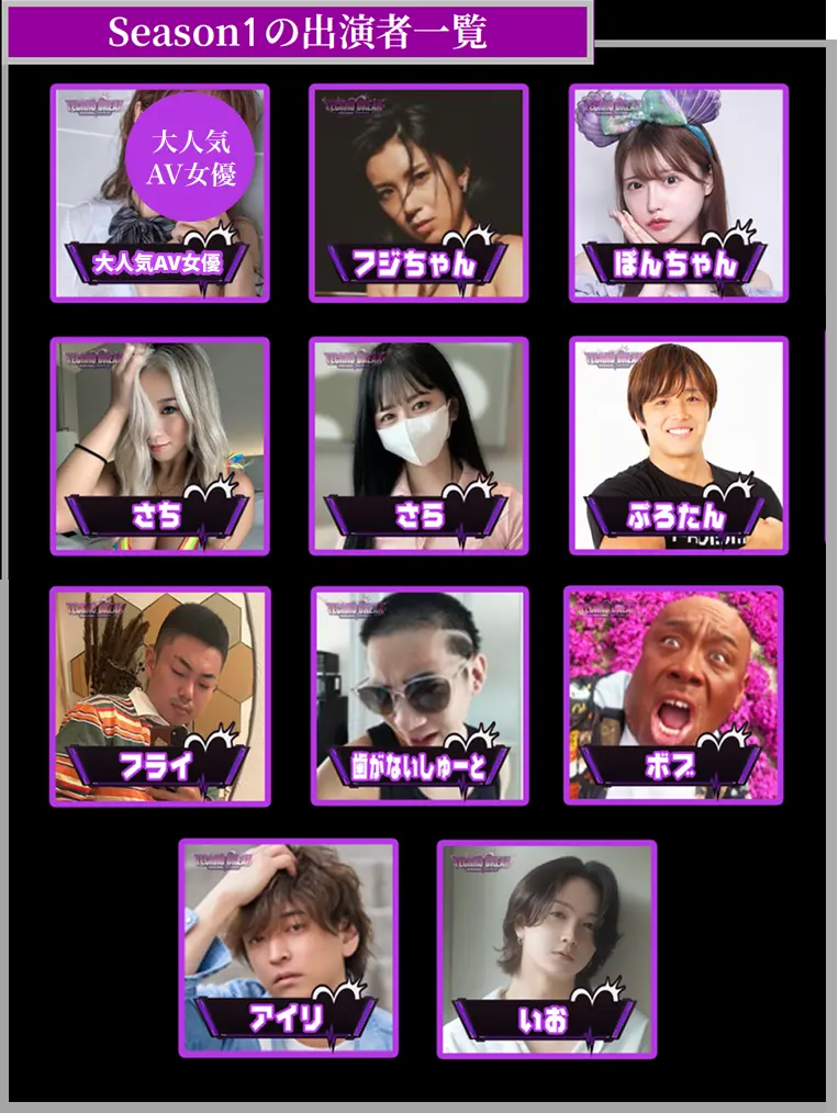 Season1の出演者一覧：大人気AV女優、フぎちゃん、ぽんちゃん、さち、さら、ノエル、ぶろたん、フライ、歯がないしゅーと、ボブ、アイリ、いお