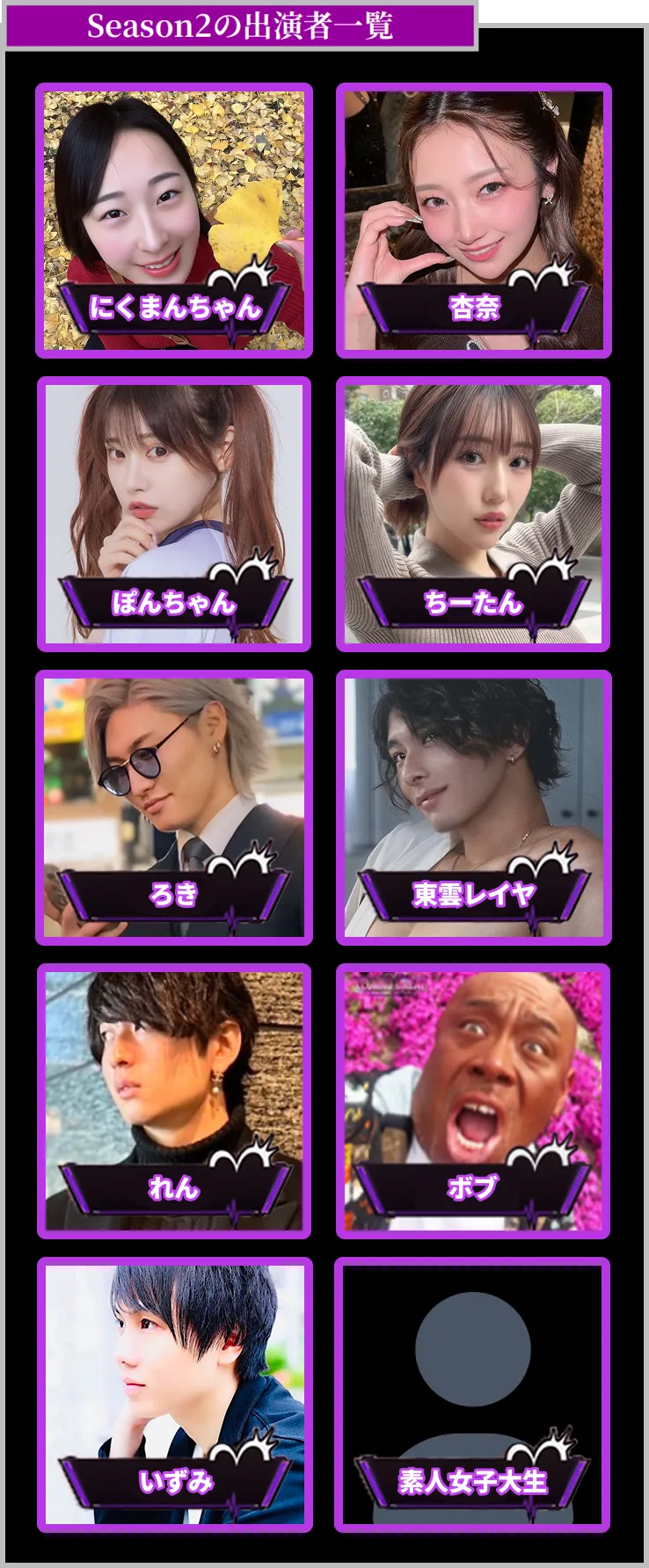 Season2の出演者一覧：にくまんちゃん、杏奈、ぽんちゃん、ちーたん、素人女子大生、ろき、東雲レイヤ、れん、ボブ、いずみ